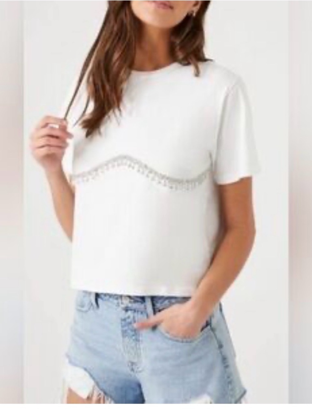 NWT Forever 21 White Short Sleeve Tee with Beaded Trim